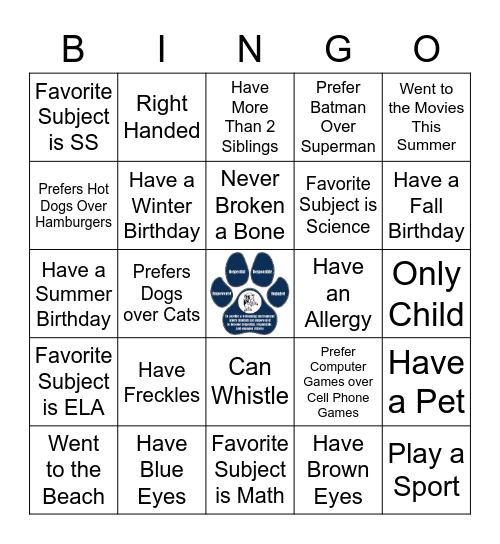 First Day of SChool Bingo Card