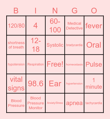 Vital Signs Bingo Card