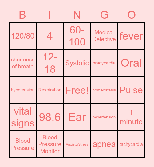 Vital Signs Bingo Card