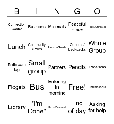 PBIS Expectations Bingo Card