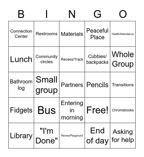 PBIS Expectations Bingo Card