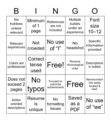 Resume Bingo Card