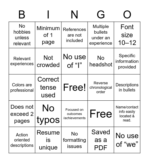 Resume Bingo Card