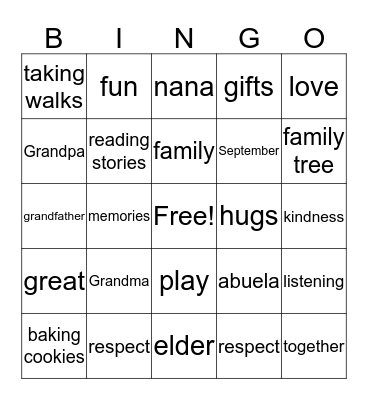 Grandparents Day Bingo  Bingo Card