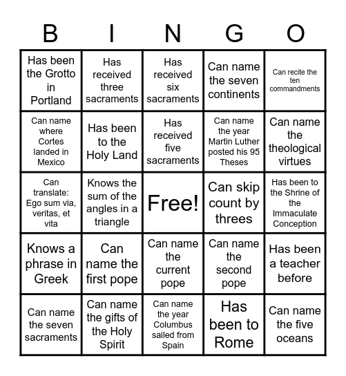 Catholic Schoolhouse Bingo Card