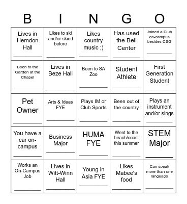 CSG Freshman Retreat 2022 Bingo Card