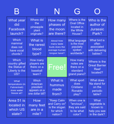 General Trivia Bingo Card