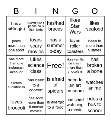 9th grade bingo Card
