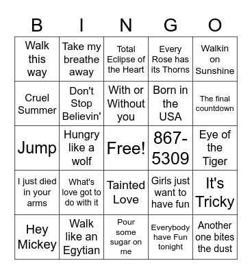 The 80s Bingo Card