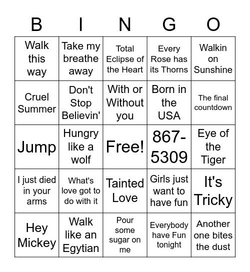 The 80s Bingo Card