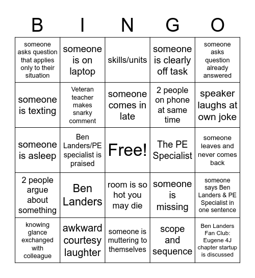 PE PD BINGO 2.0 Bingo Card