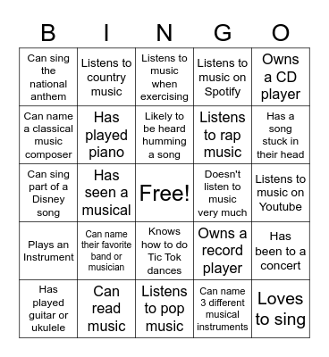 Getting To Know You - Music Bingo Card