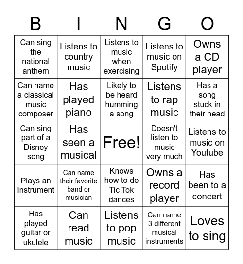 Getting To Know You - Music Bingo Card