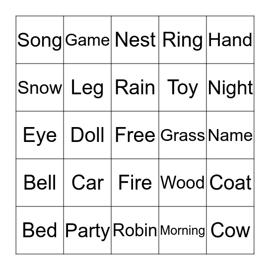 Sight Words Bingo Card
