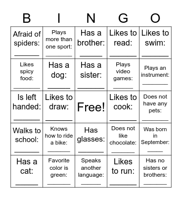 Get To Know Your Classmates Bingo Card