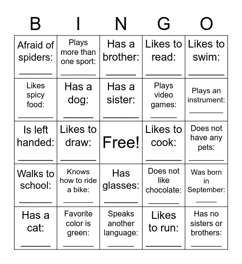 Get To Know Your Classmates Bingo Card