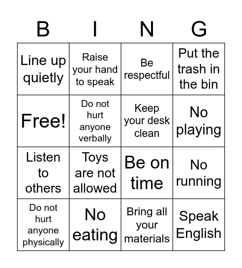 Class rules Bingo Card