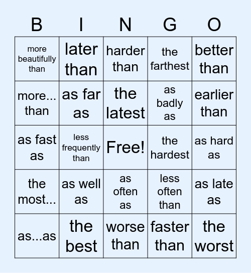 adverbs Bingo Card