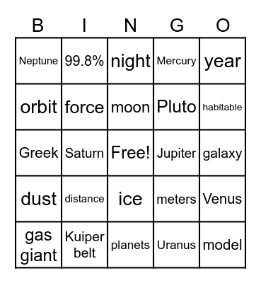 Generation Genius: The Solar System Bingo Card