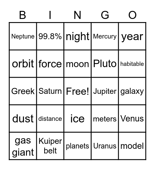Generation Genius: The Solar System Bingo Card