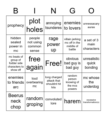 Anime Bingo Card