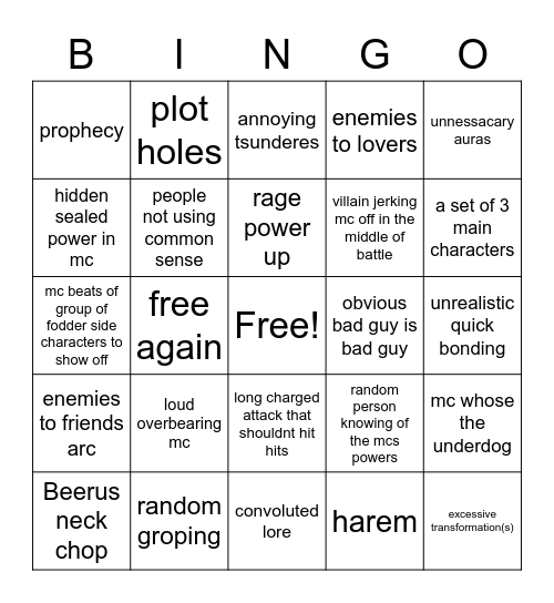 Anime Bingo Card