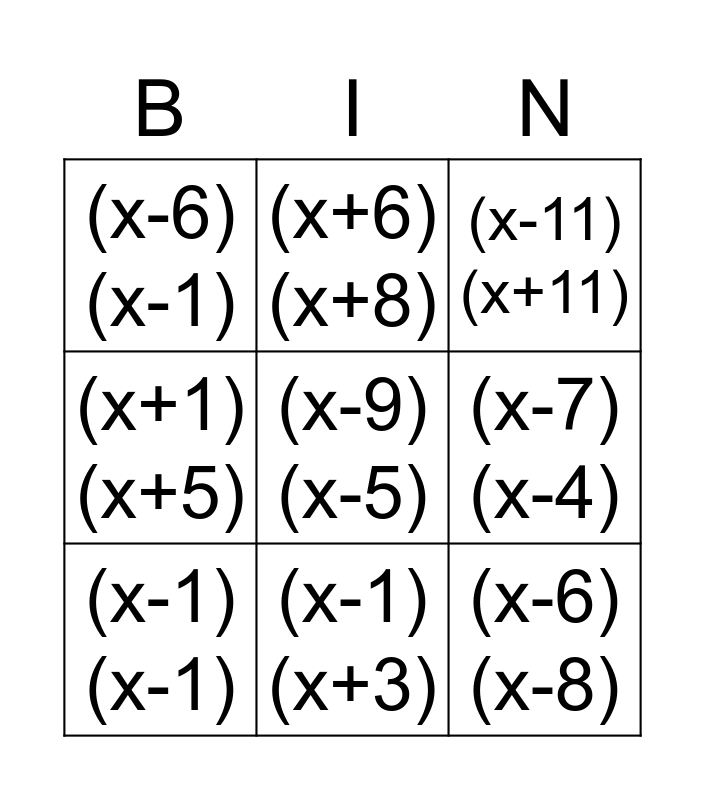 Quadratic Bingo Card