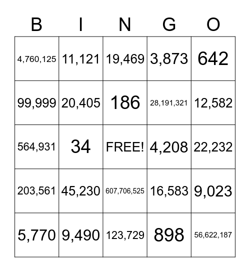 Place Value SLC Bingo Card