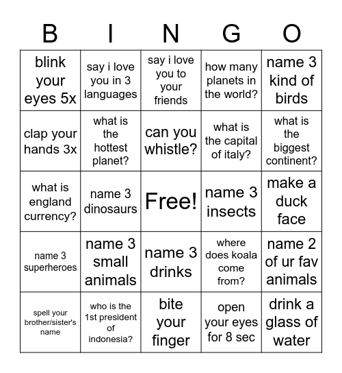 Lite Up Bingo Card