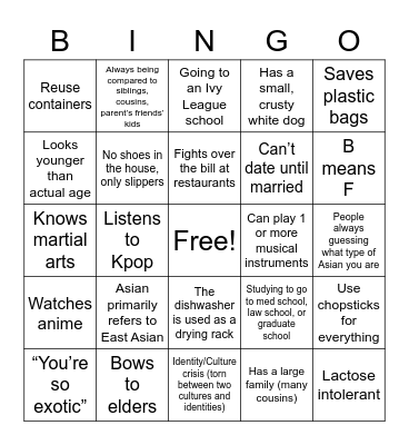 Asian Stereotypes/Experiences Bingo Card