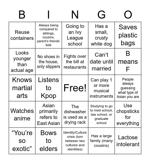 Asian Stereotypes/Experiences Bingo Card