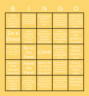 Hispanic Heritage Month Bingo Card