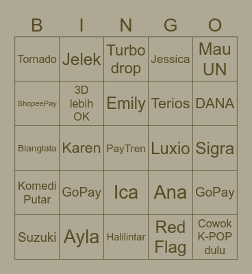 Sui He' board Bingo Card