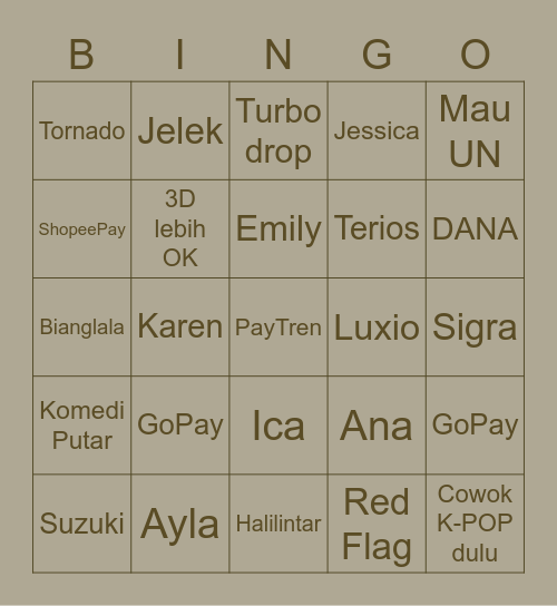 Sui He' board Bingo Card