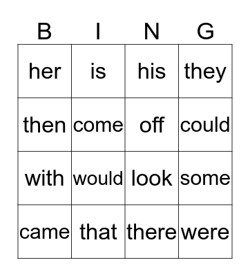Sight Words  Bingo Card