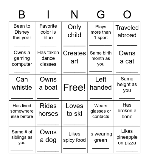 Get to Know You Bingo Card