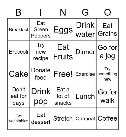 Healthy eating Bingo Card