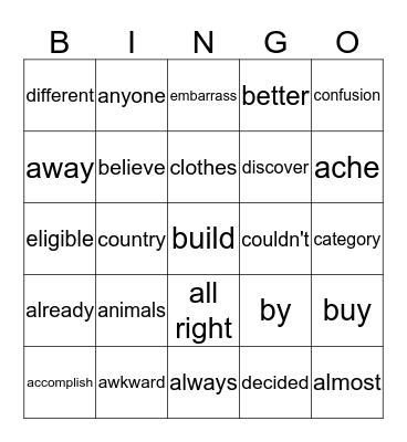 Fifth Grade High Frequendy Words Bingo Card