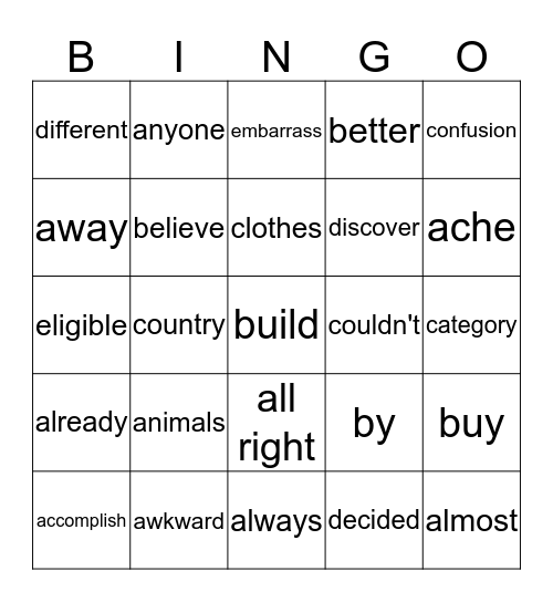 Fifth Grade High Frequendy Words Bingo Card