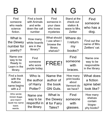 Library Scavenger Hunt Bingo Card