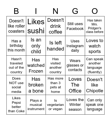 Get To Know Your Peer Bingo! Bingo Card