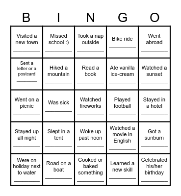 Summer Vacation Bingo Card