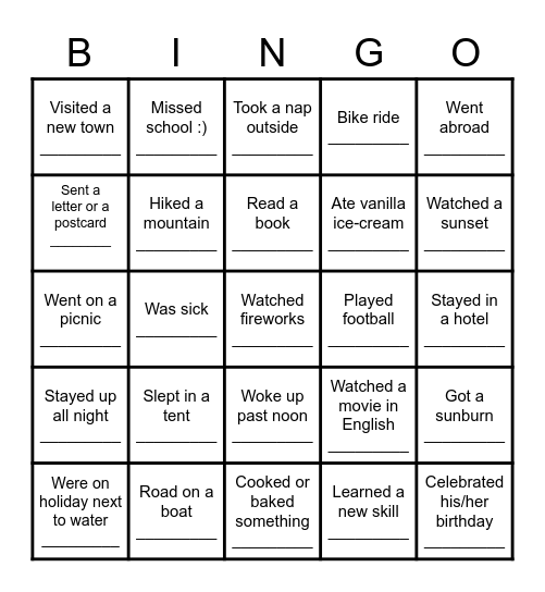 Summer Vacation Bingo Card