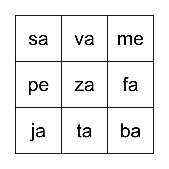 Silabas Bingo Card