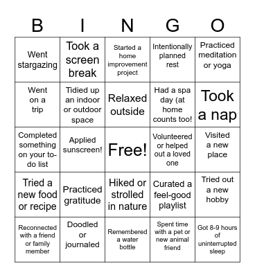 Summer Self-Care Bingo Card