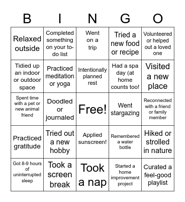 Summer Self-Care Bingo Card