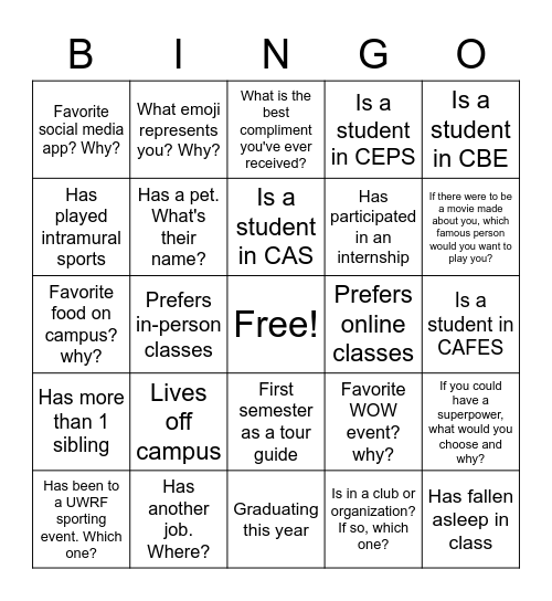 Get to know your Falcon Guides Bingo Card