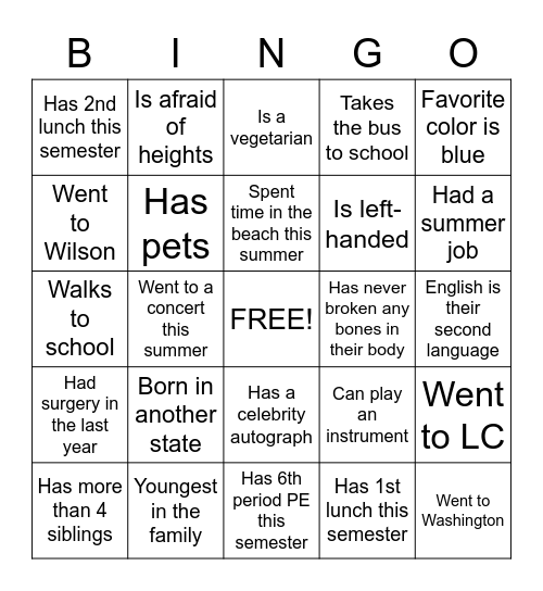 Personal Bingo Icebreaker Bingo Card