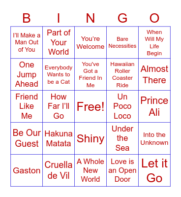 Disney Songs Bingo Card