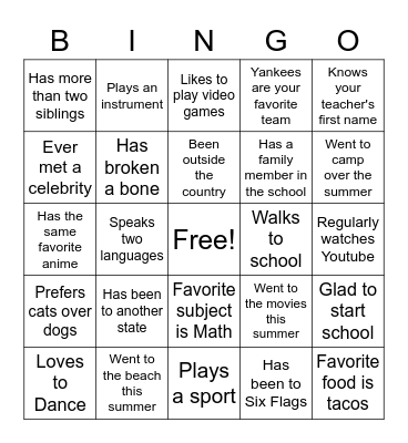 First Day of School Bingo Card